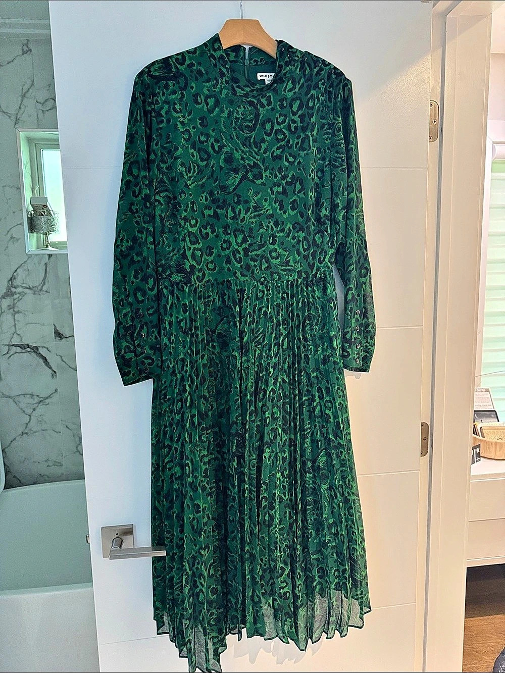 Whistles Jungle Cat Pleated Dress Animal Print Midi Dress Green & Black US 8